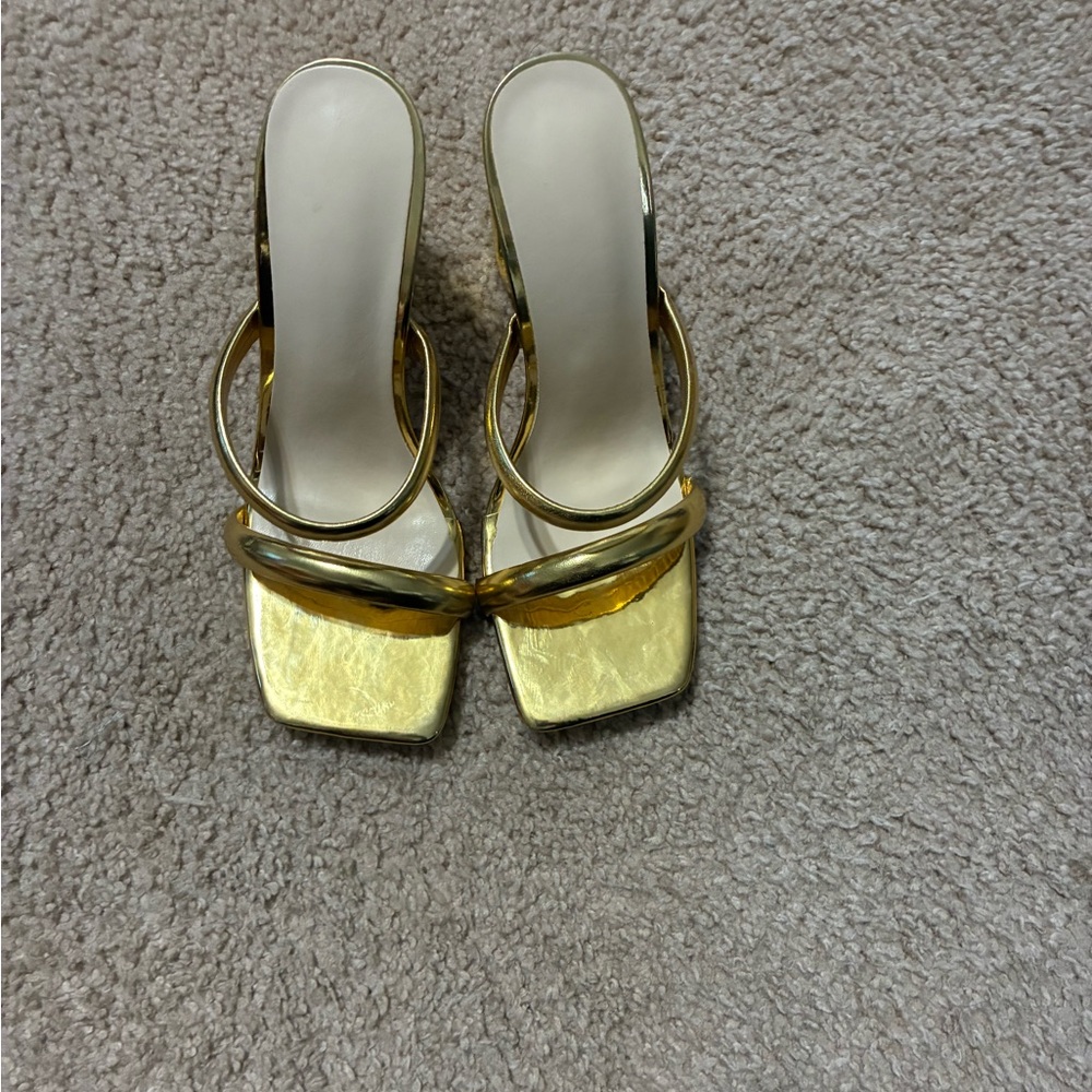 Gold Metallic Square-Toe Double Strap Slide Heels